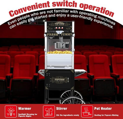 20 Oz Commercial Popcorn Machine - Sleek Black Popcorn Maker with Storage Stand & Wheels