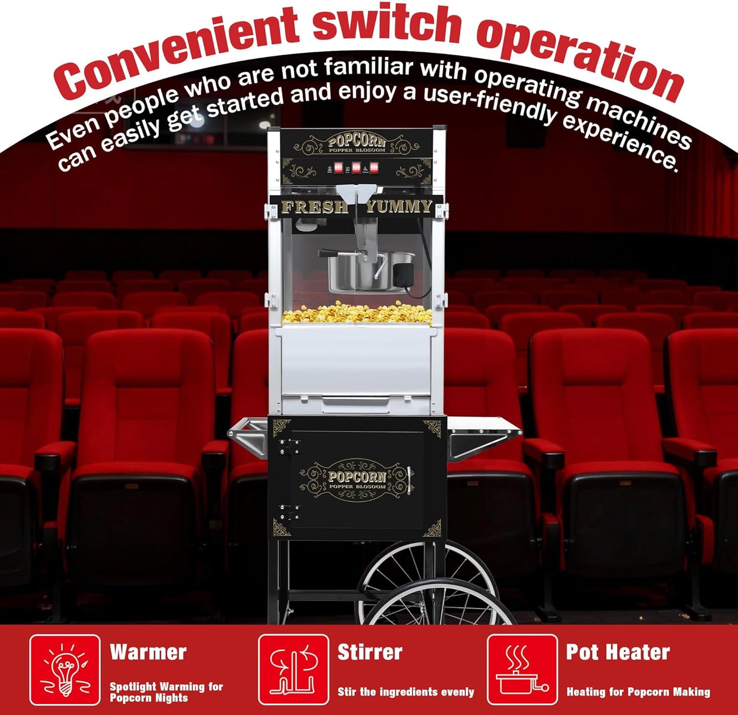 Skiennix 20 Oz Popcorn Machine Cart - Sleek Black Popcorn Maker with Storage Stand & Wheels