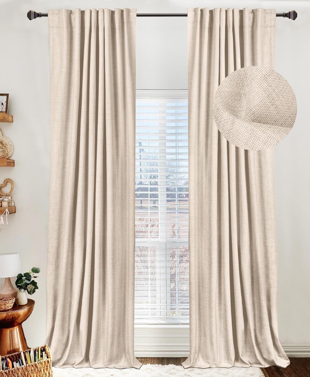 Skiennix Blackout Curtains - 100% Blackout Linen Drapes, Thermal Insulated, 50" W x 72" L, Beach Sand - 2 Panels Set