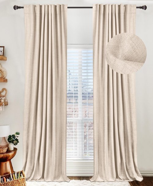 100% Blackout Shield Linen Blackout Curtains for Bedroom 63 Inches Long, Back Tab/Rod Pocket Living Room Drapes, Thermal Insulated Blackout Curtains 2 Panels Set, 50" W x 63" L, Beach Sand