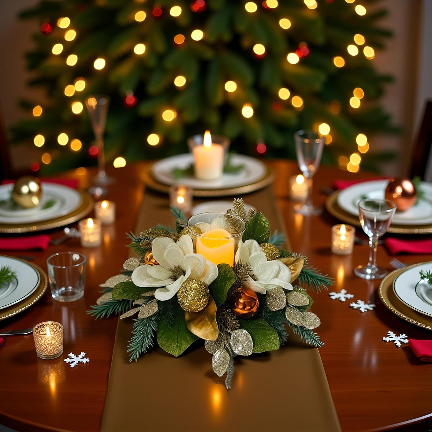 Skiennix 18" Centerpiece - Flameless LED Candle Holder with White Magnolia, Gold Baubles & Spruce Branches for Holiday Decor