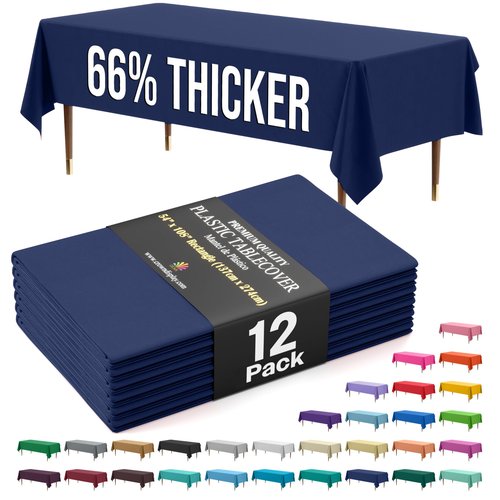 Exquisite 66% Thicker Premium Plastic Table Cloth Rectangle Table Cover 0.5 Mil 12 Pack Navy Blue Table Cloth 54 Inch x 108 Inch Disposable Tablecloth Won't Tear Easily Like Cheap Thin Brands