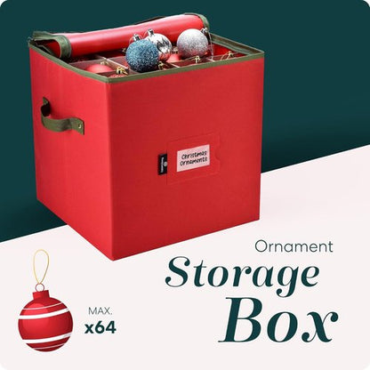 Handy Laundry Christmas Ornament Storage | Holds Up to 64 Ornaments, Adjustable Dividers & Zippered Top - Red