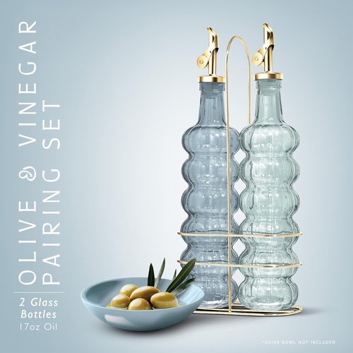 COOK WITH COLOR Glass Olive Oil Bottle Dispenser - 17oz Elegant Waves Carafe - 2 Pack in Blue