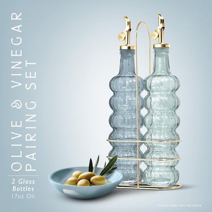 COOK WITH COLOR Glass Olive Oil Bottle Dispenser - 17oz Elegant Waves Carafe - 2 Pack in Blue