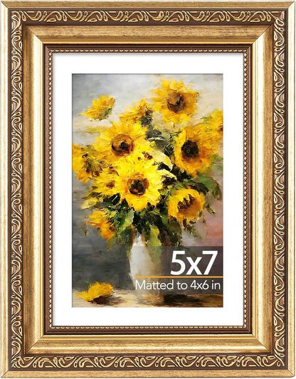 JCJMY Vintage Picture Frame - Elegant 5x7 Photo Frame with Shatter-Resistant Plexiglass | Gold Finish, 1 Pack