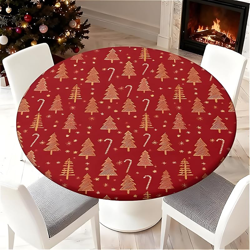 Round Fitted Christmas Tablecloth 37-44in - Elastic Edge, 65in Table Coverage - ARTSGOO Tree + 44" Variation