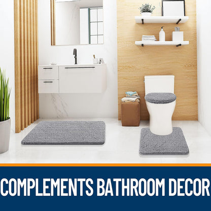 OLANLY Chenille Bath Rug Set - Soft Grey Bath Rug (30x20) & Toilet Lid Cover (17.5x15)