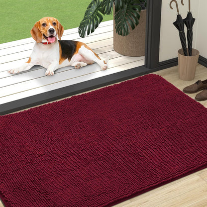 OLANLY Dog Door Mat - Absorbent Non-Slip Chenille for Muddy Paws | 47x32, Quick Dry, Burgundy