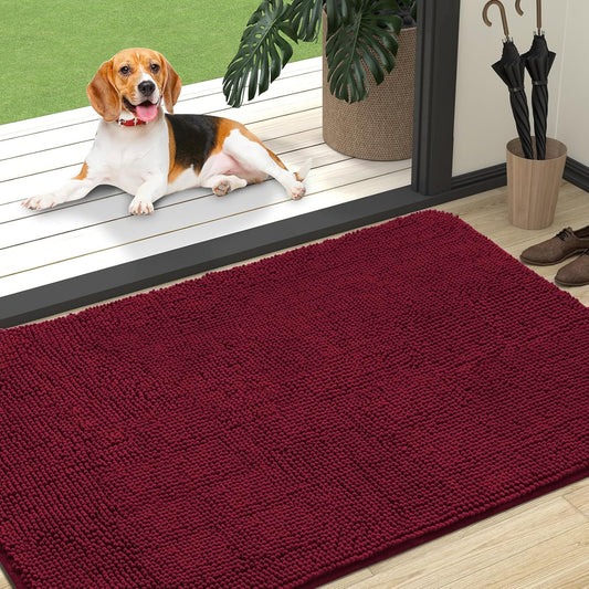 OLANLY Dog Door Mat - Absorbent Non-Slip Chenille for Muddy Paws | 47x32, Quick Dry, Burgundy