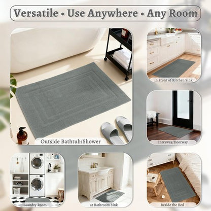 Mrs Awesome Soft 100% Cotton Bath Mat with Hot-melt Non-Slip Backing, 20" x 32" Comfortable & Absorbent Washable Textured Woven Rug for Bathroom, Gray
