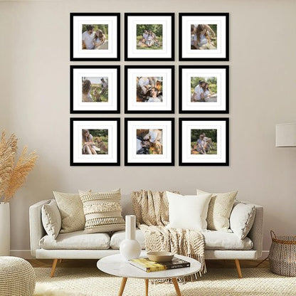 JCJMY 9 Pack 12x12 Picture Frame Gallery Wall Frame Set for 8x8 or 10x10 with 2 Mats or 12x12 Without Mat, Square Collage Wall Decor Photo Frames Bulk Set of 9 for Wall Hanging, Black