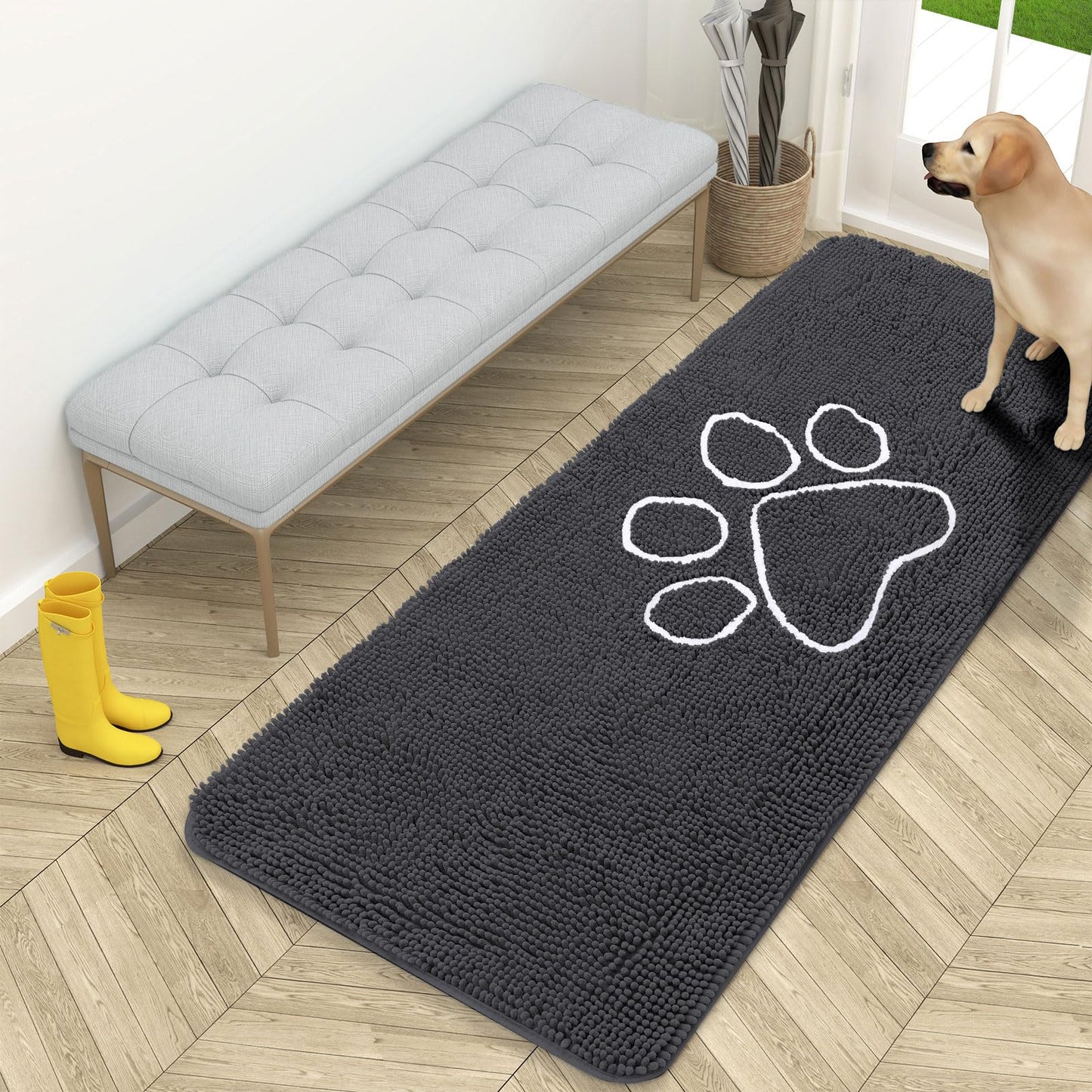 OLANLY Dog Door Mat for Muddy Paws 59x24, Paw Print Design, Absorbs Moisture and Dirt, Absorbent Non-Slip Washable Doormat, Quick Dry Chenille Mud Mat for Dogs, Entry Indoor Entryway Carpet, Dark Grey