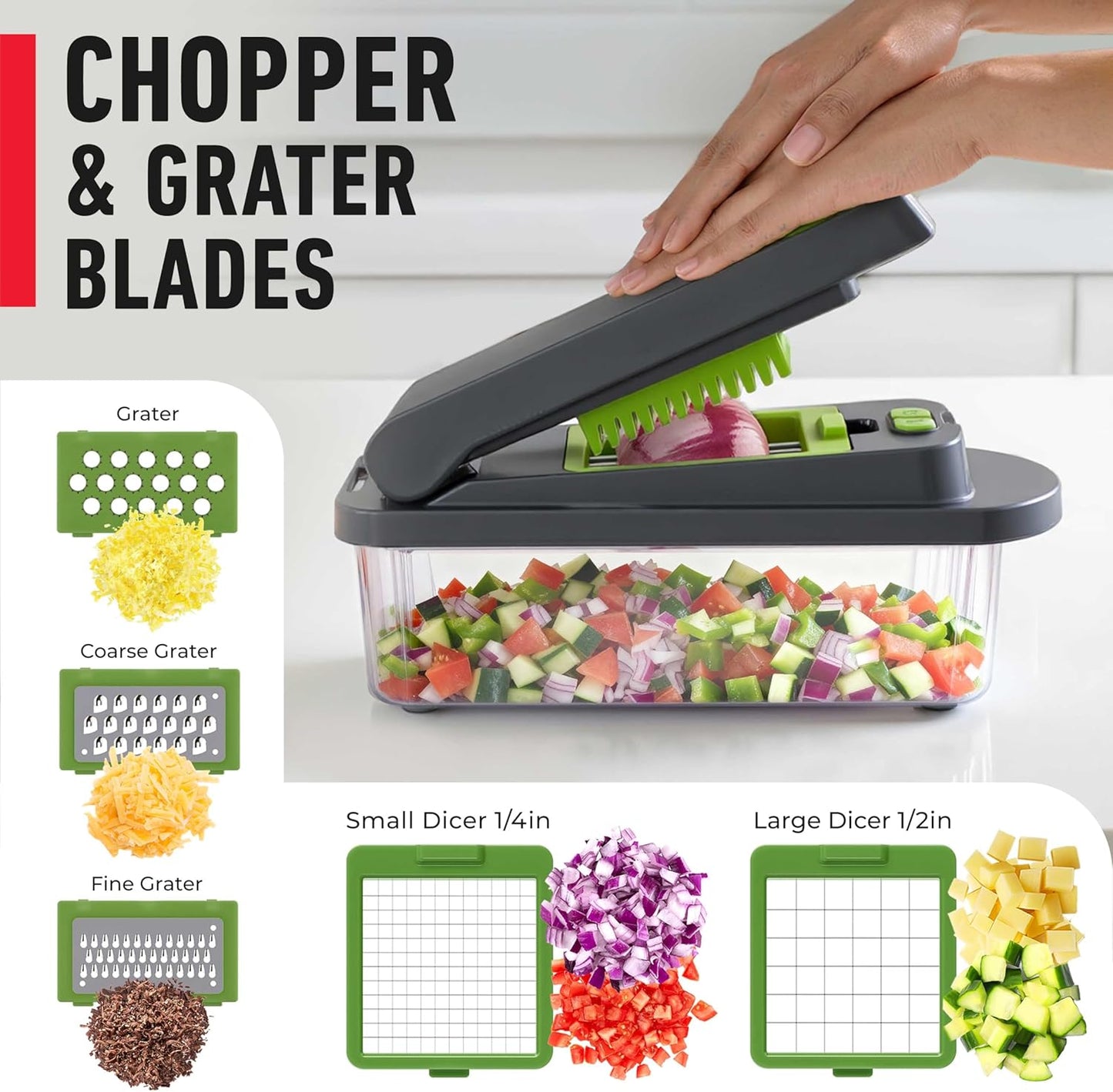 Mueller Pro-Series 10-in-1 Vegetable Chopper - 8 Blades for Dicing, Slicing & Mincing | Gray/Green