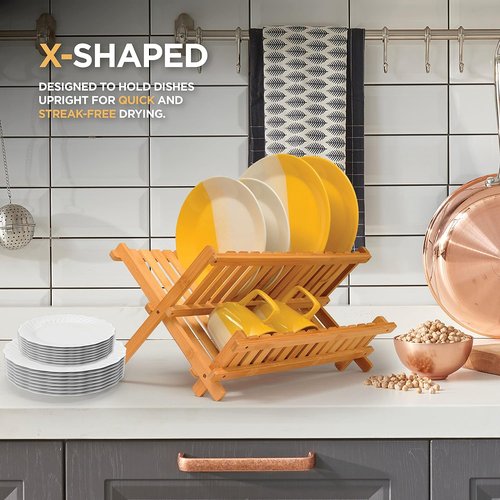 Bambusi Collapsible Bamboo Dish Drying Rack - Eco-Friendly 2-Tier Foldable Drainer for Kitchen Countertop