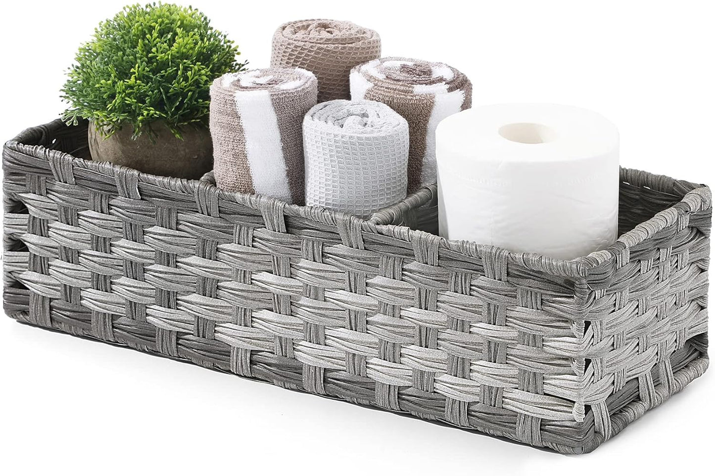 Toilet Tank Topper Paper Basket - Hand Woven Plastic Wicker Organizer with Divider | Rustic Grey Bathroom Decor