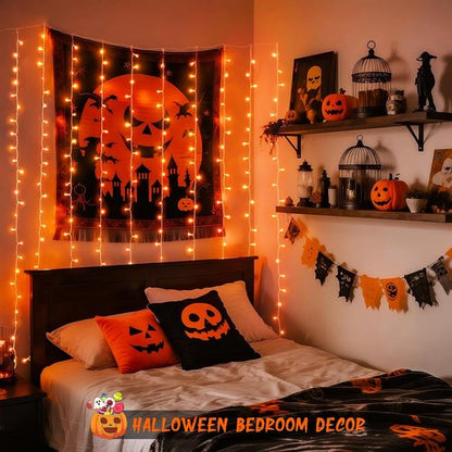 JMEXSUSS 300LED Orange Halloween Lights - Remote-Controlled 9.8x9.8ft Curtain String Lights for Indoor/Outdoor Fall Decor