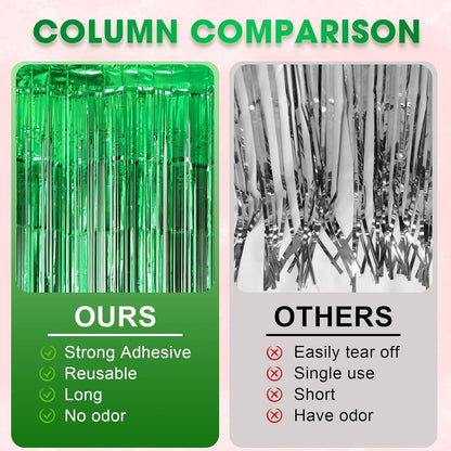 Voircoloria Green Foil Fringe Backdrop Curtains - 3 Pack Tinsel Streamers for Parties & Events | 3.3x8.2 Feet