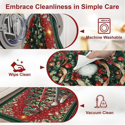 2x3 ft Red Christmas Area Rug with Non-Slip Backing - Washable Entryway Door Mat, Vintage Tree Design