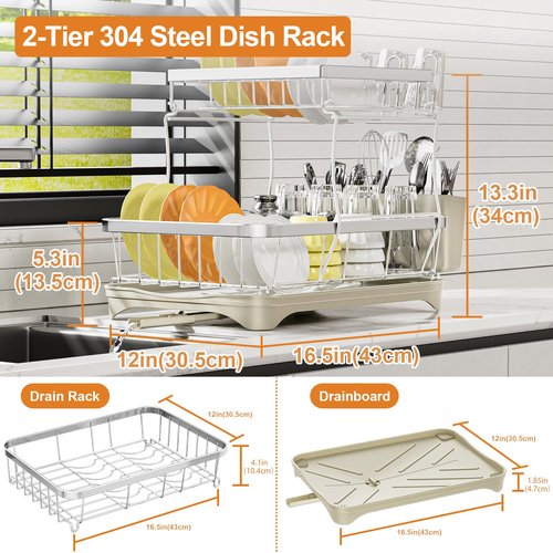 arshray Dish Drying Rack Kitchen 2-Tier 304 Stainless Steel Dish Racks for Kitchen Counter,Dish Strainer with 360°Draining Tray,Drying Rack with Water Cup Hook & Cutlery Holder,Grey