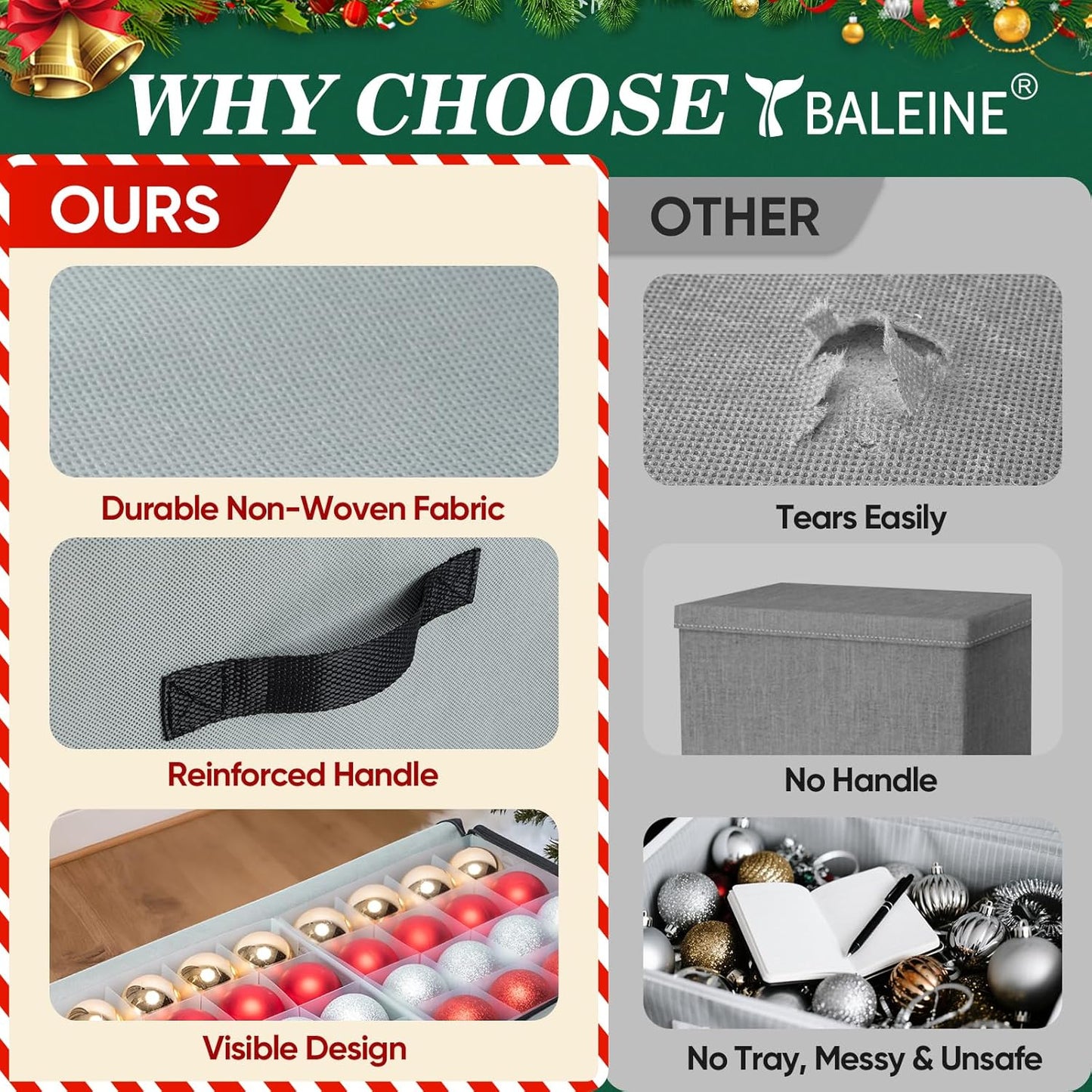 BALEINE Christmas Ornament Storage Box - Premium Holiday Container with Dividers for 128 Balls | Black Soft Design