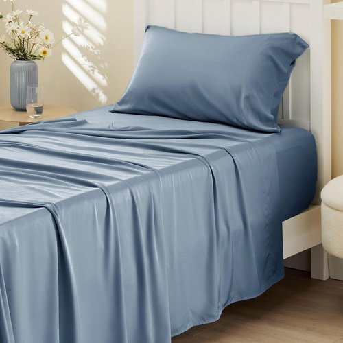 Bedsure Cooling Twin Sheets - Breathable Rayon from Bamboo | Soft, Deep Pocket Up to 16 Inches, Dusty Blue
