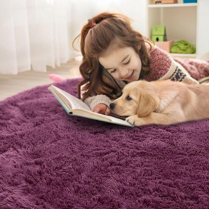 OLANLY Burgundy Round Rugs for Bedroom - Machine Washable, 9 ft Circle Area Rugs for Living Room, Soft and Fluffy Shaggy Carpet for Teen Girls and Boys, Nursery Rooms, Dorms, Home Decor Aesthetic