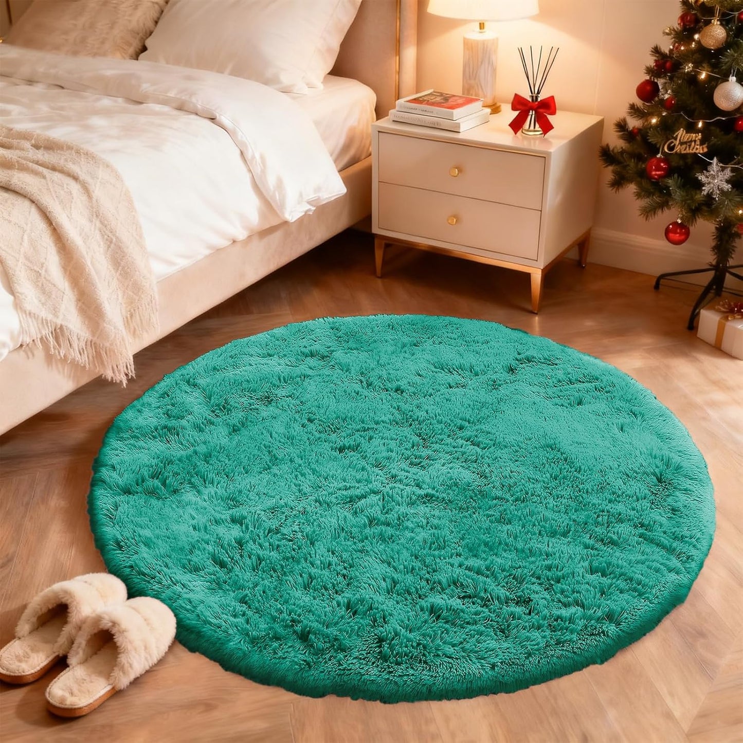OLANLY Teal Green Round Rug - Soft, Fluffy Shaggy Carpet | 5 ft Machine Washable Area Rug for Bedrooms & Nurseries