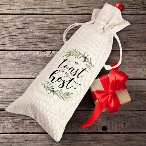 A Toast For the Host Wine Bag, Housewarming, Party Decor, Bridal Shower, Gift for Her, Hostess, Wedding, Girls Night, Holiday, Thank you Gift (Beige, 13.5 x 5.5Inches)