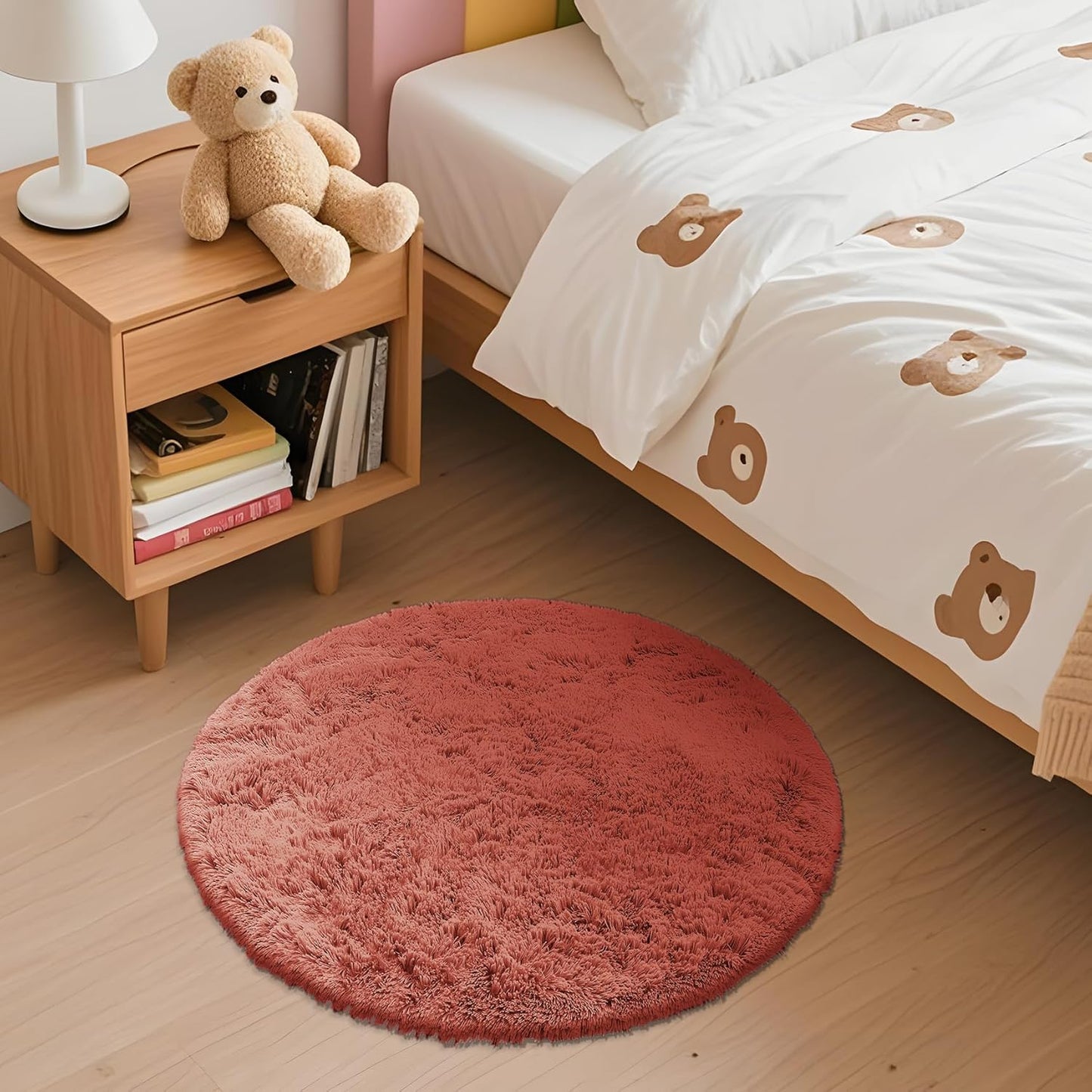 OLANLY Round Rugs - Soft Rust Red Shaggy Carpet, Machine Washable, 2 ft Circle for Bedroom & Living Room