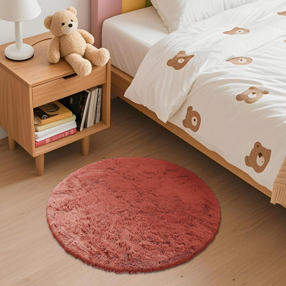 OLANLY Round Rugs - Soft Rust Red Shaggy Carpet, Machine Washable, 2 ft Circle for Bedroom & Living Room