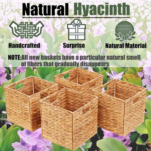 Handwoven Water Hyacinth Storage Baskets - 4 Pcs Foldable Cube Shelf Organizers | 11x11in