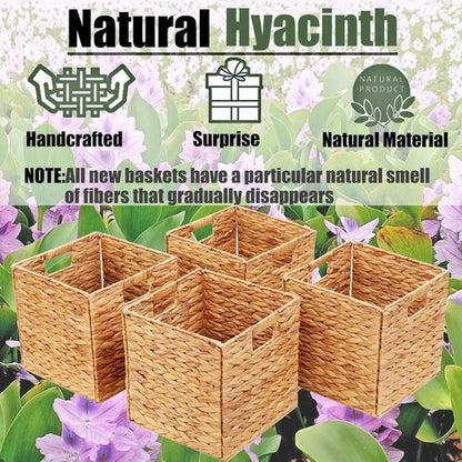 Handwoven Water Hyacinth Storage Baskets - 4 Pcs Foldable Cube Shelf Organizers | 11x11in