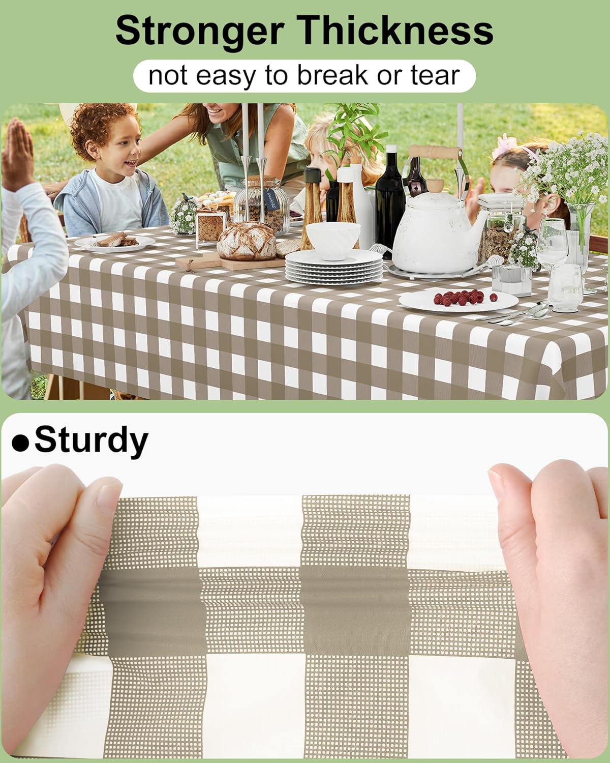Smiry Gingham Disposable Tablecloths - 8 Packs of Waterproof 54 x 108 Inch Khaki & White Covers for Parties