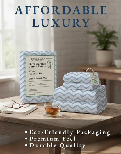 LANE LINEN 100% Organic Cotton Full Size Sheet & Pillowcase Sets, Fully Elasticized Soft & Comfy Printed Percale Bedding, Temperature Regulating Printed Cotton Sheets Full - Chevron