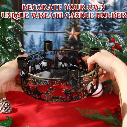 Blulu Advent Wreath Candle Holder - Rustic Nativity Scene Ring for Christmas Centerpiece | Metal Jesus Design