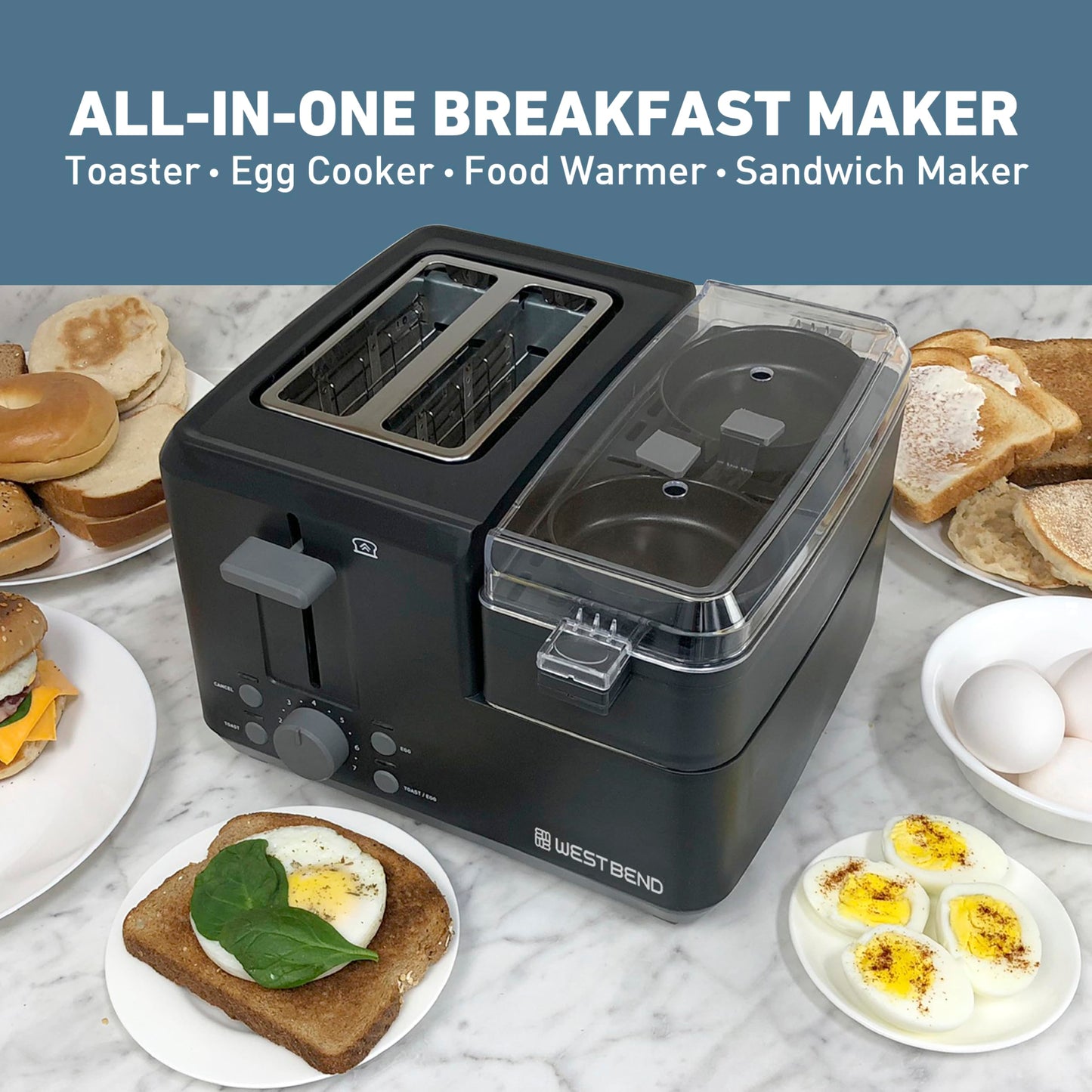 West Bend 78500 Breakfast Station, 2-Slice Toaster with Removable Meat and Vegetable Warming Tray and Egg Cooker/Poacher, Black