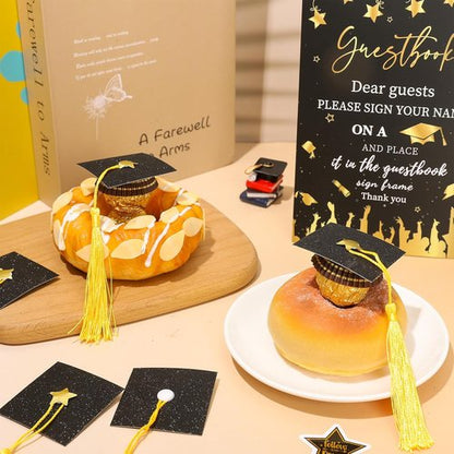 FYSUIMU Graduation Cap Cupcake Toppers - 60 Sets of Mini Black Grad Hats with Tassels & Stickers