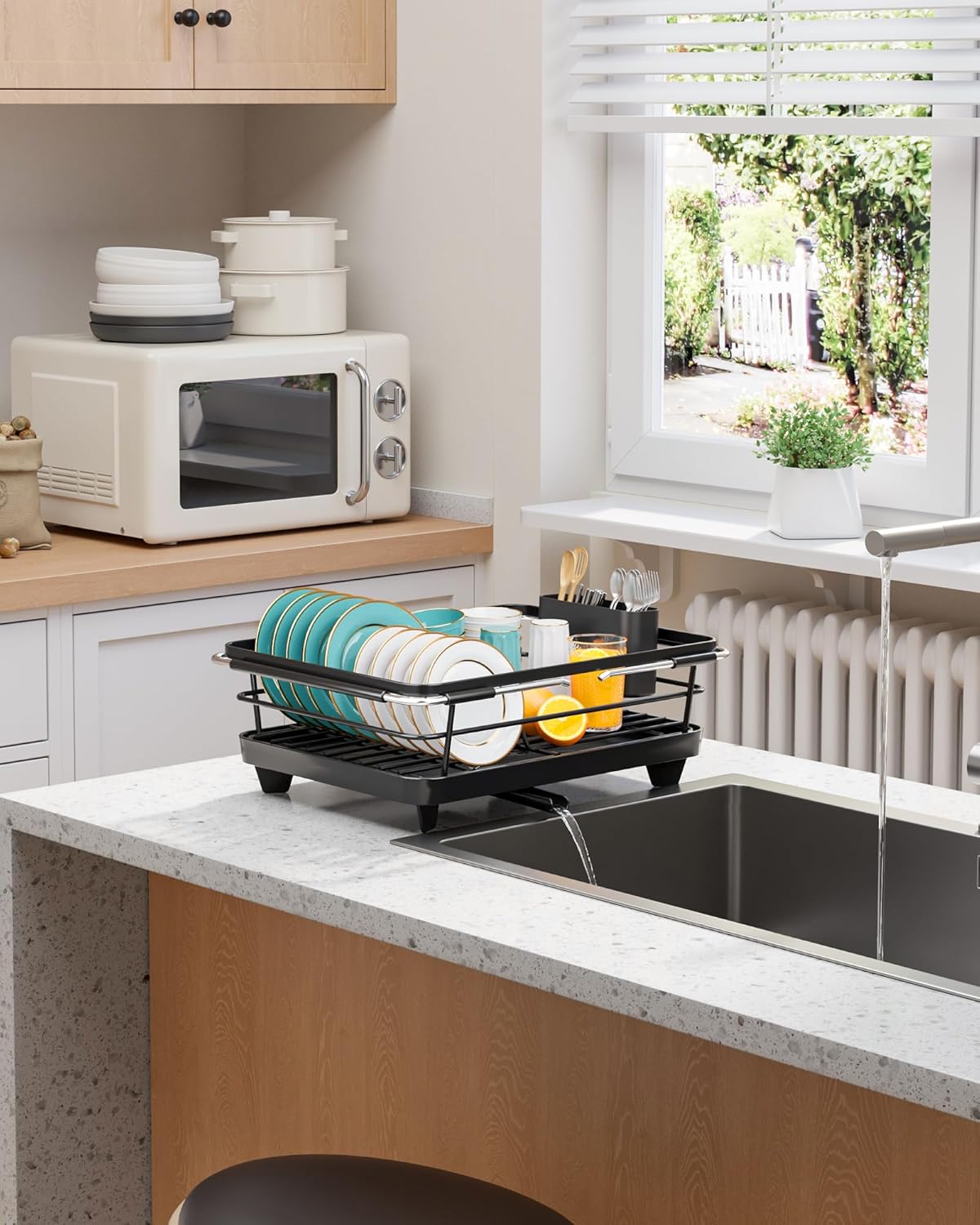 Skiennix Extendable Dish Drying Rack - Over Sink Storage with Utensil Holder | 12" W x 16.1~23" L, Black