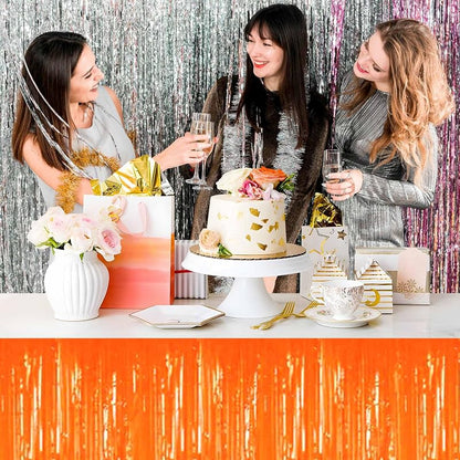Macaron Orange Variation 3 Pack Foil Fringe Table Skirts - 29x108 in, Tinsel Backdrop