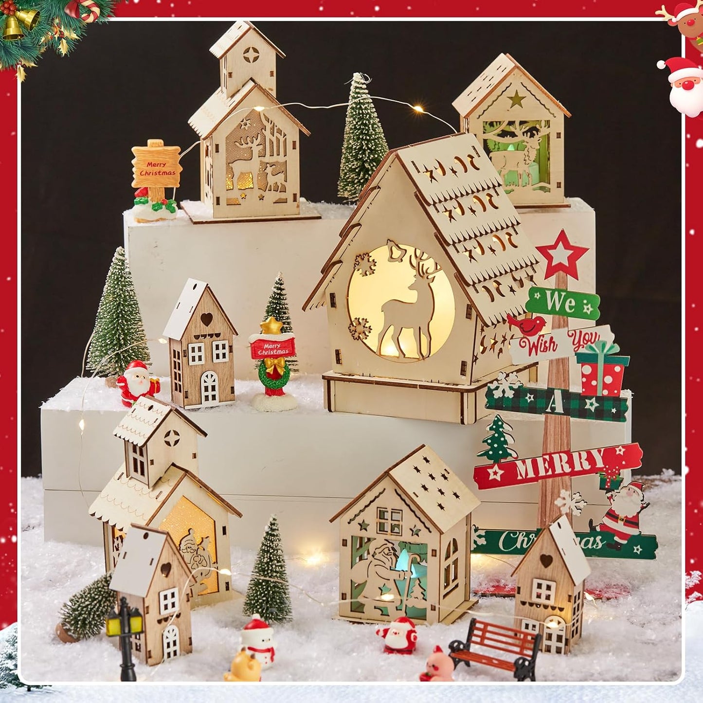 Skiennix 29-Piece Christmas Village Set - Lighted Wooden Houses with Miniature Trees & Ornaments