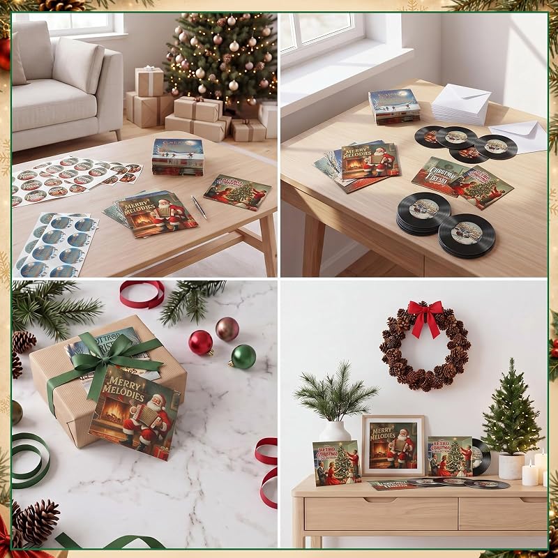 Vinyl Record Christmas Cards Set - 48 Blank Greeting Cards with Envelopes