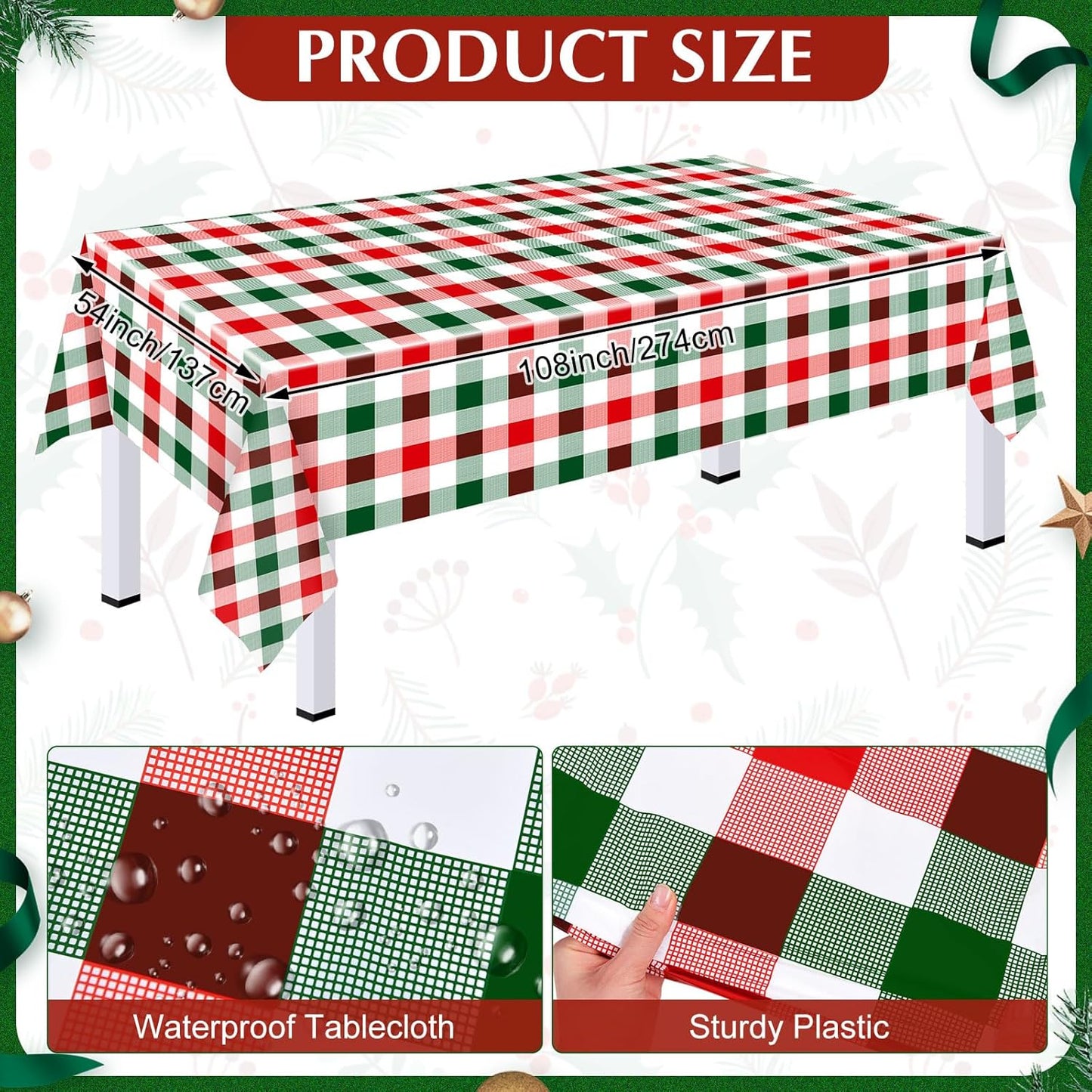Skiennix 54" x 108" Plastic Tablecloth - Red Green White Plaid Design for Parties & Holidays