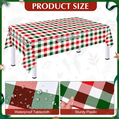 Skiennix 54" x 108" Plastic Tablecloth - Red Green White Plaid Design for Parties & Holidays