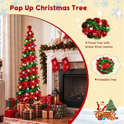 5ft Pop Up Christmas Tree with 90 LED Lights - Collapsible Tinsel Tree (Green) - Indoor Outdoor