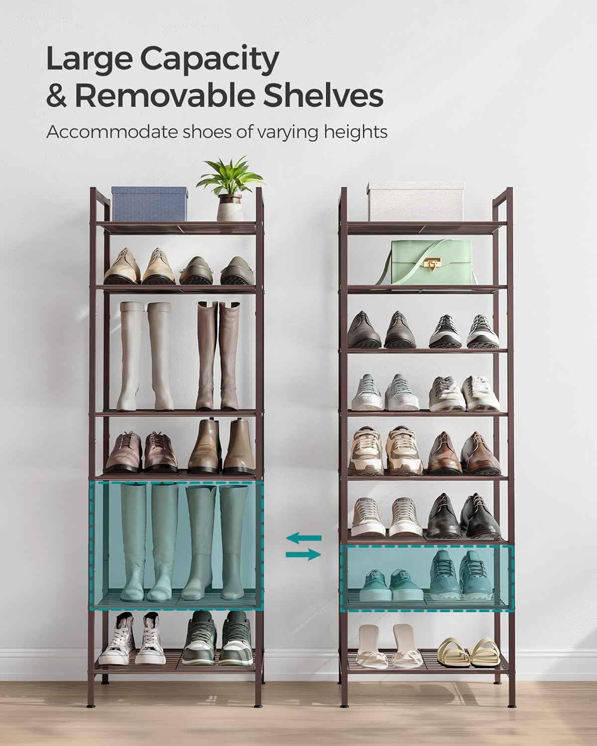 SONGMICS Narrow Shoe Rack - Sturdy 8-Tier Metal Organizer for Small Spaces | Bronze, 12"D x 17.6"W x 50.6"H