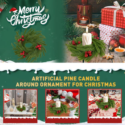 Norfolk Pine Christmas Candle Rings - 24 Pcs Artificial Wreaths with Red Berries for Holiday Decor
