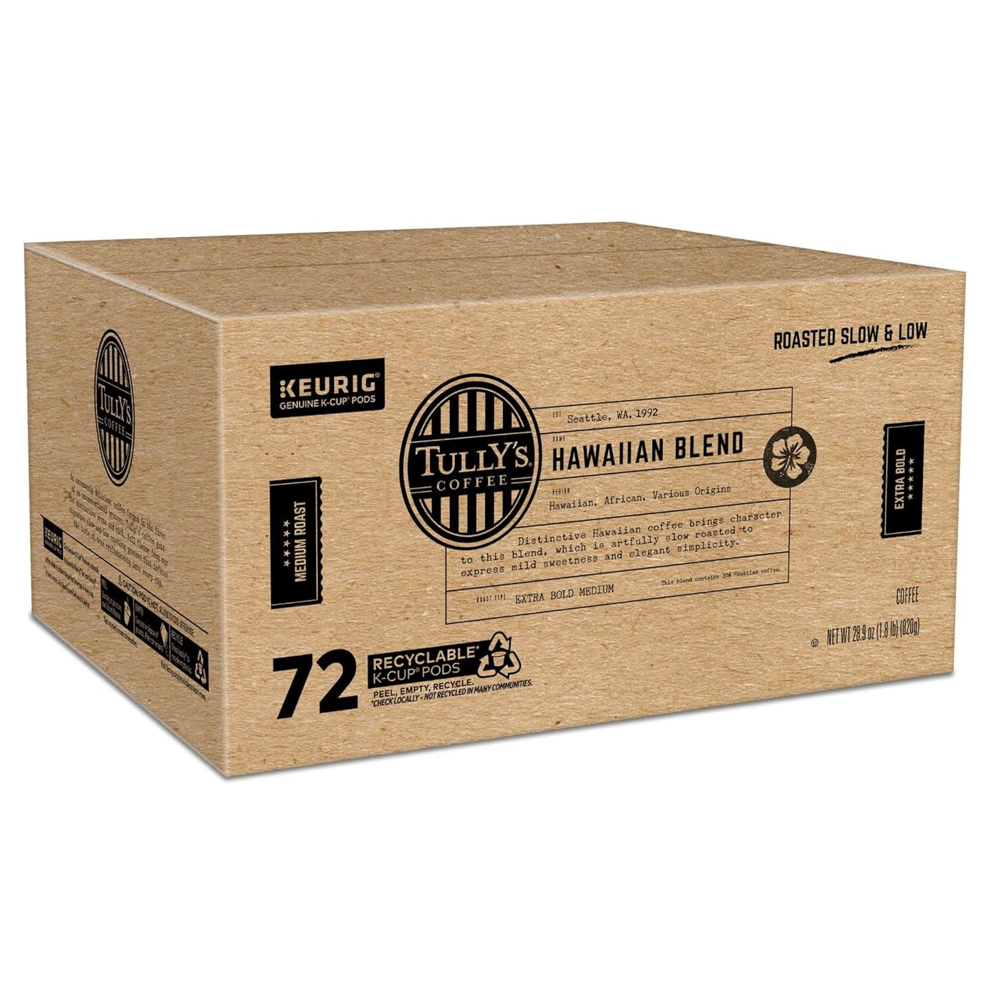 Tully's Coffee Hawaiian Blend K-Cup Pods - Medium Roast, 72 Count | Perfect for Keurig Machines