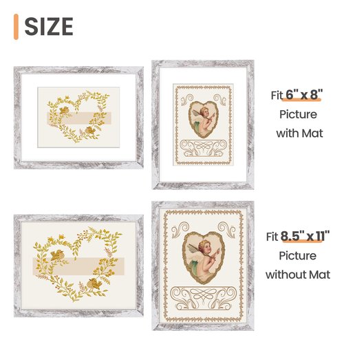 upsimples 8.5 By 11 Picture Frame, Display Pictures 6x8 with Mat or 8.5 x 11 Without, Wall Hanging Photo Frames, Rustic White, 1 Pack
