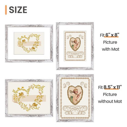 upsimples 8.5 By 11 Picture Frame, Display Pictures 6x8 with Mat or 8.5 x 11 Without, Wall Hanging Photo Frames, Rustic White, 1 Pack